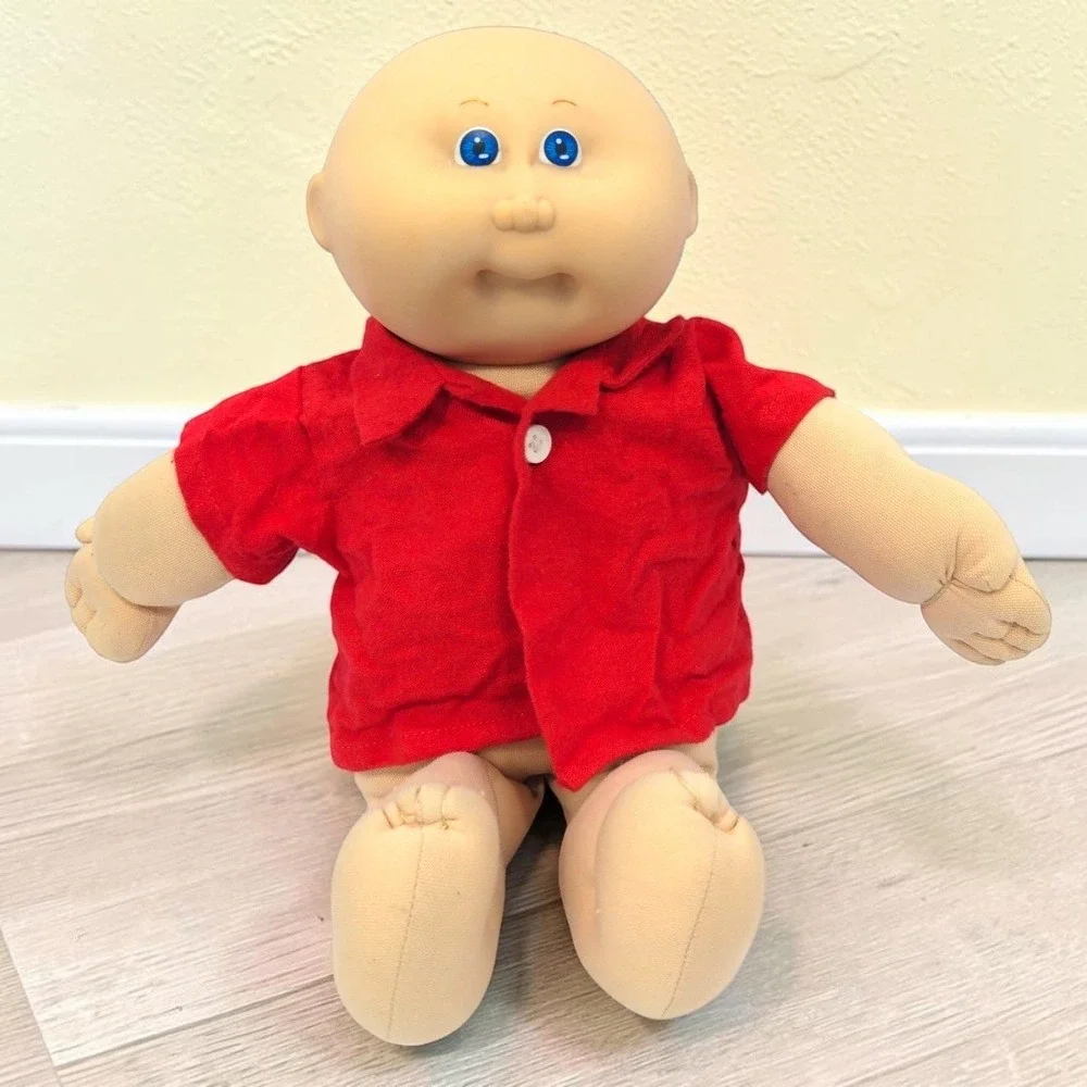 VTG 80s Coleco Cabbage Patch Kids Doll Bald Blue Eyes Red Shirt Soft Body 1982